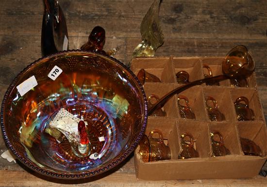 Carnival glass punch bowl, cups and 4 glass bird figures